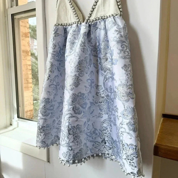 New Free People Pearl Embellished Jacquard Floral Mini Dress White Blue - Picture 16 of 17